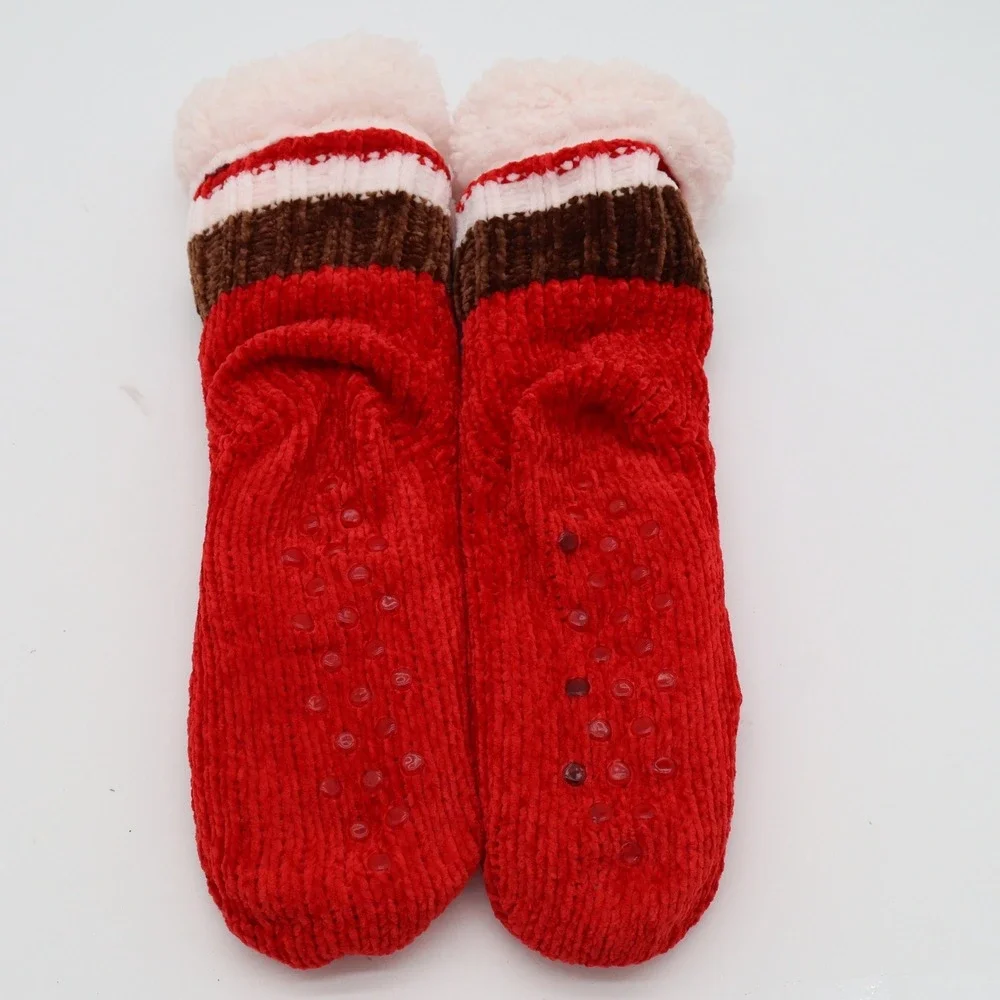 Red Chenille Slipper Socks Faux Fur Lined Non-Slip Gripper One Size Cozy Winter